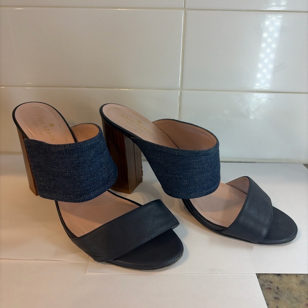 Kate Spade New York Denim Block Heel Mule Sandals Two Strap Wood Heel Size 9 - Picture 2 of 7